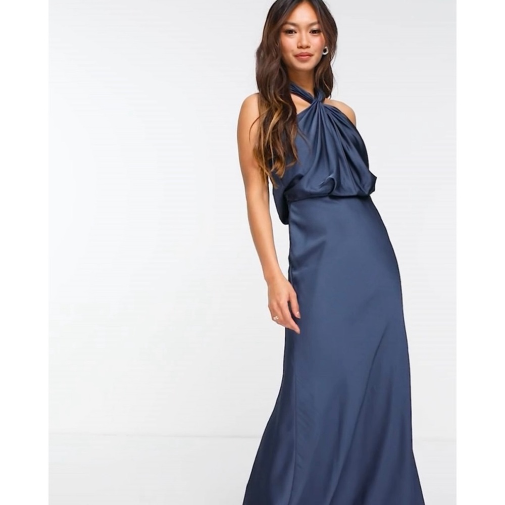 ASOS DESIGN Bridesmaid Satin Ruched Halter Neck Maxi Dress in Petrol Blue Size 4